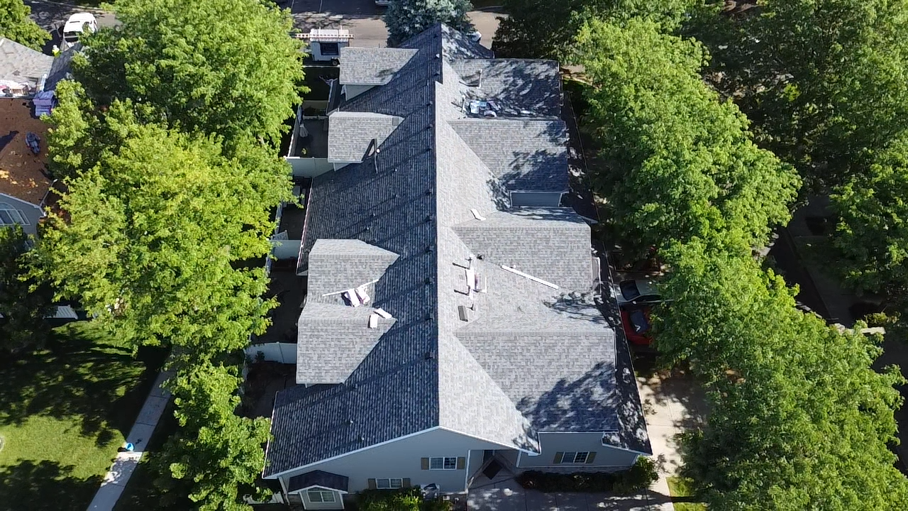 Finished architectural shingle roof, aerial view